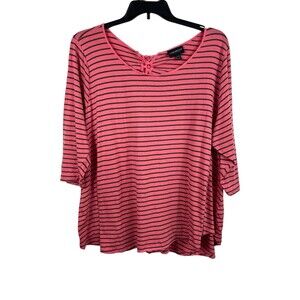 Lane Bryant Pink Green Striped Tie Back Detail Lightweight 3/4 Sleeve 22/24 Top